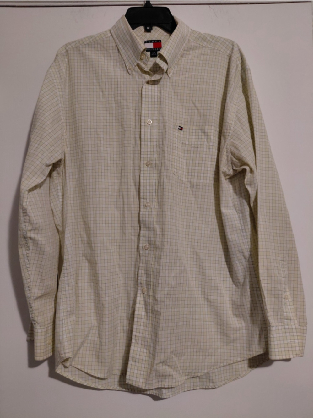 Tommy Hilfiger Men's Yellow White Plaid Long Sleeve Button Down Shirt SZ L Y2K